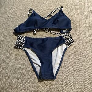 Navy Ribbed Two-Piece Bikini with Black & White Check Trim